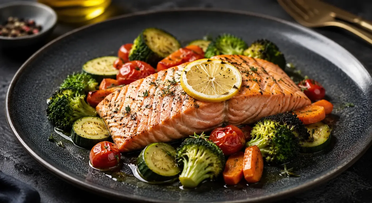 Cena ligera con salmón y verduras